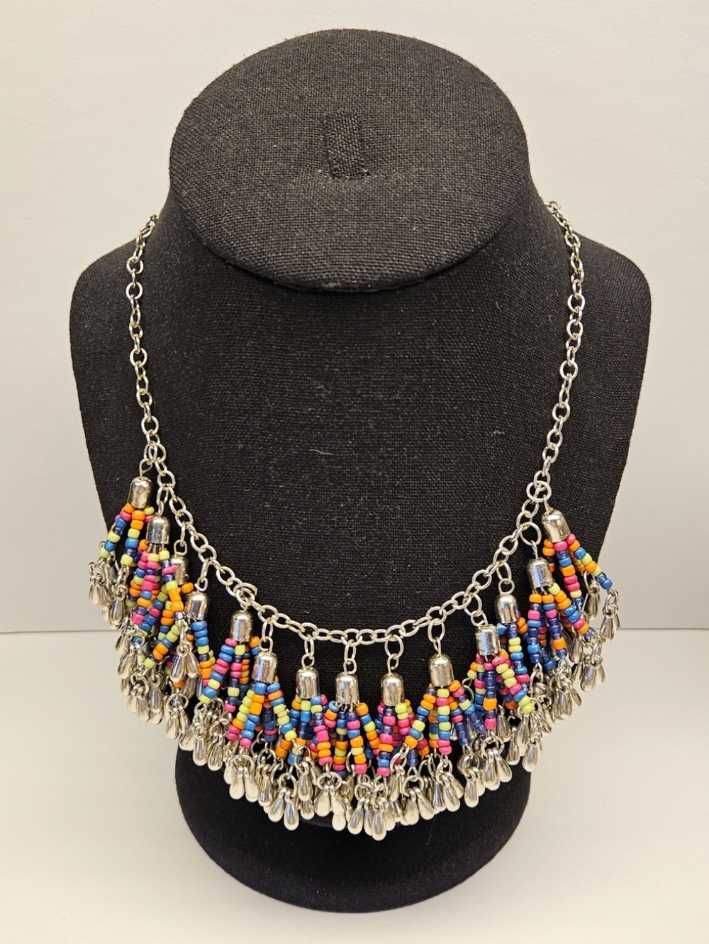 Colorful Beaded Fringe Statement Necklace - Women's Silver Chain